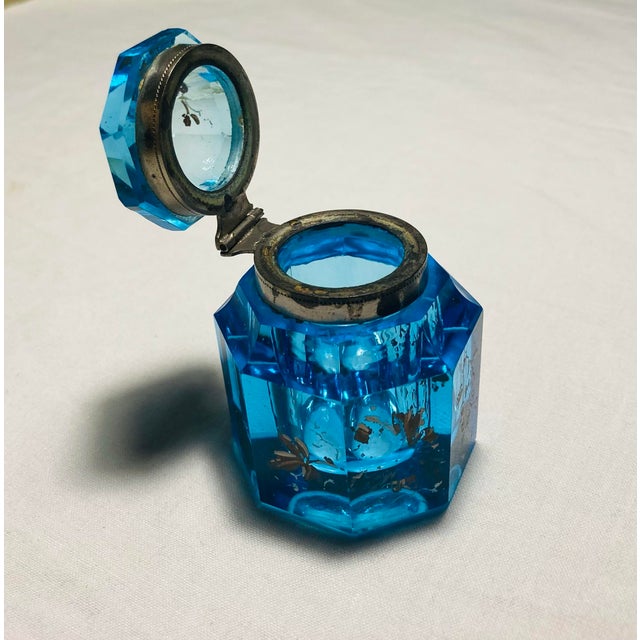 Blue Antique Blue Faceted Crystal Artdeco Inkwell or Fragrance Holder Enamel Painted Flowers For Sale - Image 8 of 10