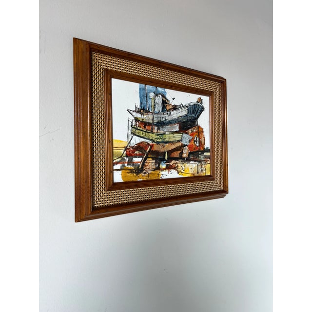 A beautiful and expressive Vintage impressionist oil on canvas painting depicts a boat in a harbor. Colors are vibrant...