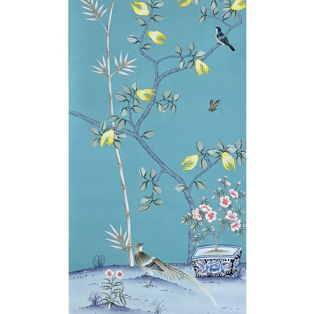 Teal Blue Chinoiserie Mural | 3-Panel Hand-Painted Floral & Bamboo Wallpaper For Sale - Image 4 of 4