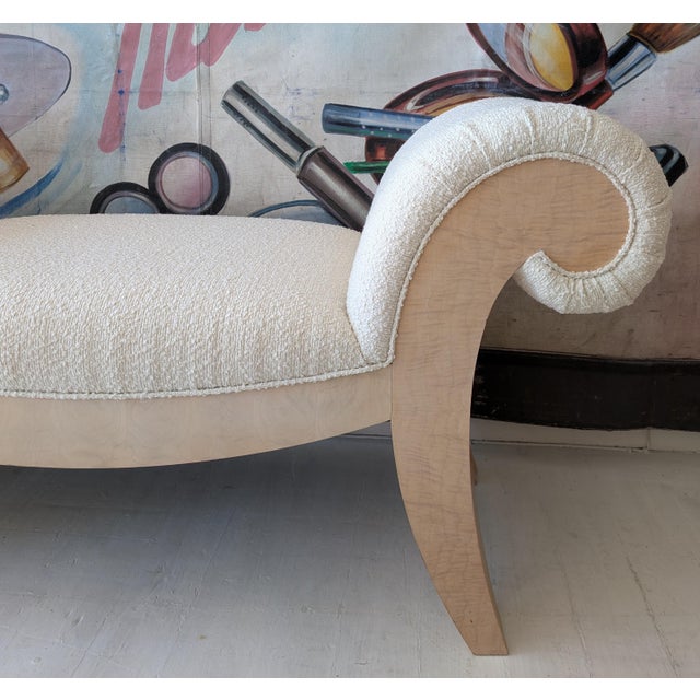 Large Vintage Scroll End Burl and Boucle Upholstered Bench, 1970s For Sale - Image 4 of 10