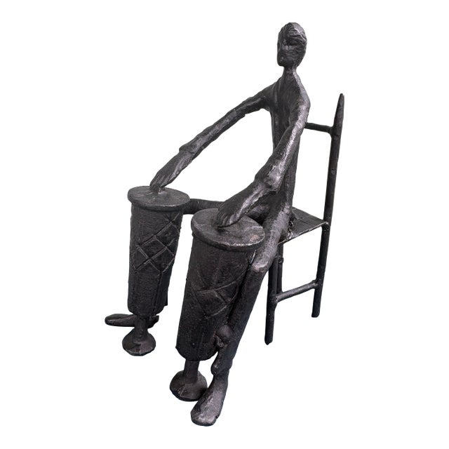 Mid-Century Modern Abstract Metal Figure Sculpture With Seated Drummer Motif 8.5” For Sale
