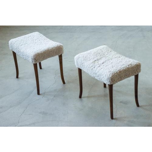 White Vintage Swedish Stools with Sheepskin, 1940s, Set of 2 For Sale - Image 8 of 10