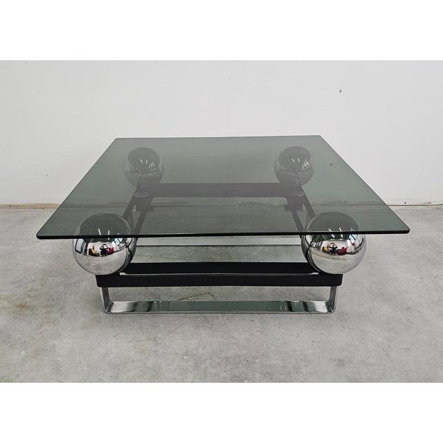 Postmodern Vintage French Table in Chrome Plated Steel and Tinted Glass, 1970s For Sale - Image 3 of 13