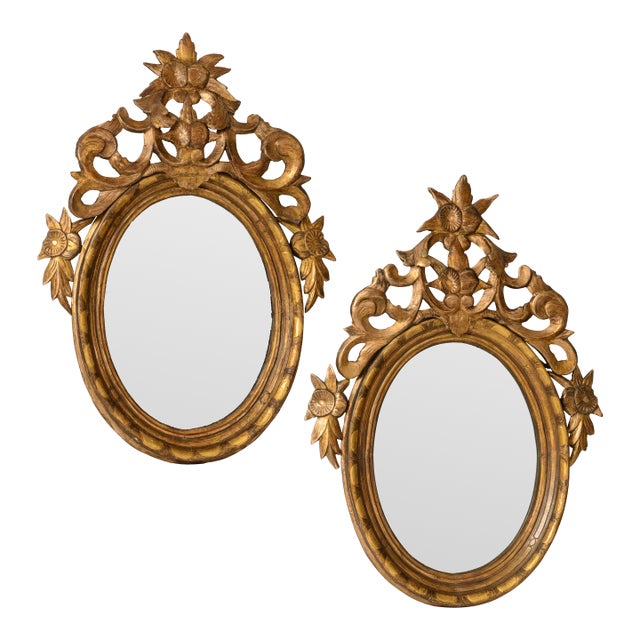 Pair French Louis XVI Carved Gilt-Wood Oval Wall Mirrors For Sale
