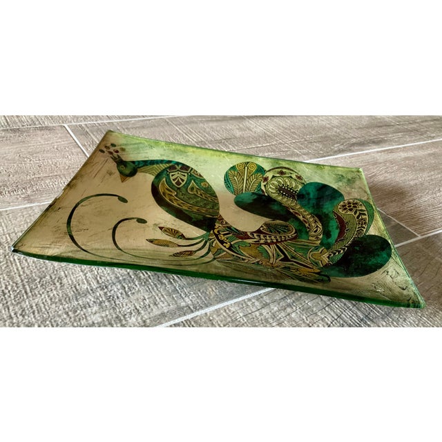 Late 20th-Century Whimsical Reverse Painted Glass Peacock Tray For Sale - Image 4 of 18