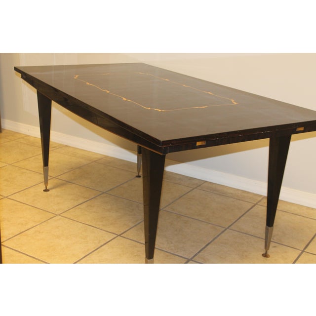 1960's French Art Deco Style Exotic Macassar Ebony Dining Table Exotic Inlay For Sale - Image 9 of 10