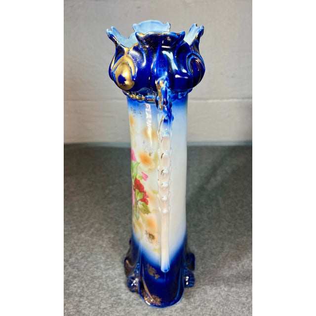 Ceramic Fine Antique German Porcelain Hand Painted Handled Vase For Sale - Image 7 of 9