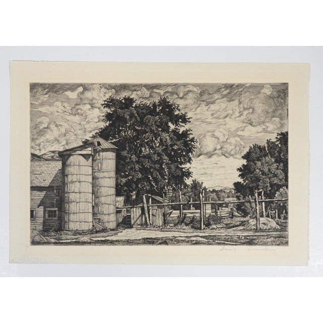 English 1943 Luigi Lucioni Two Silos Farm Landscape Etching For Sale - Image 3 of 4