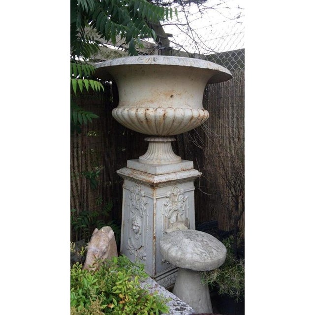 Antique Classical Cast Iron Garden Urns on Pedestals, Set of 2 For Sale - Image 4 of 18