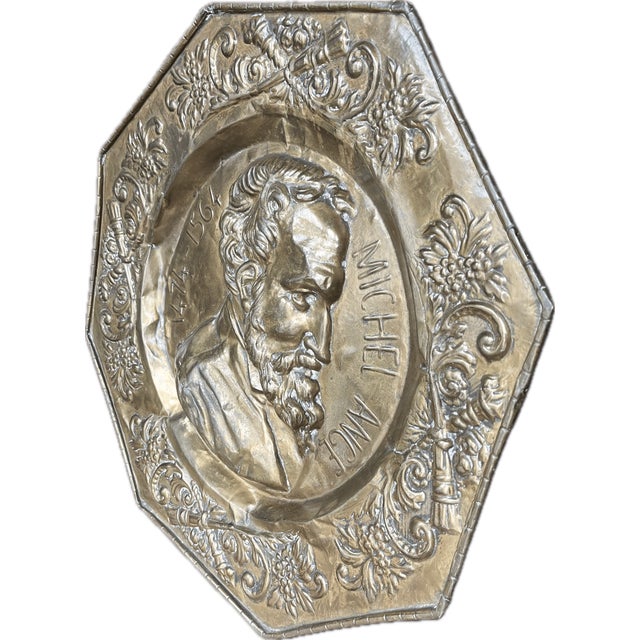 Antique French Michelangelo Brass Repoussé Portrait Plaque, C. Late 19th Century For Sale In Philadelphia - Image 6 of 6