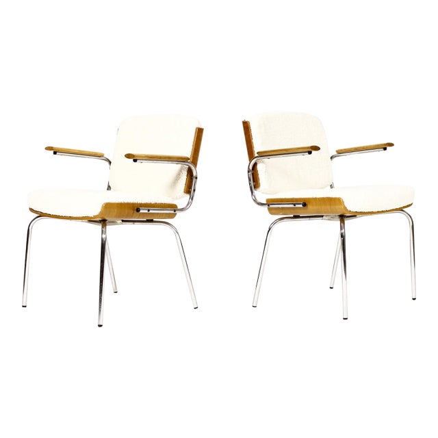 1960s Danish Modern / Mid Century Arm Chairs — Attributed to Duba Møbelindustri — Chrome + Oak + Natural Bouclé For Sale