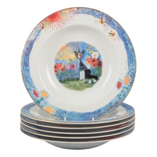 Soup Plates with Cat Motifs by Rosina Wachtmeister for Goebel, Germany, Set of 6 For Sale
