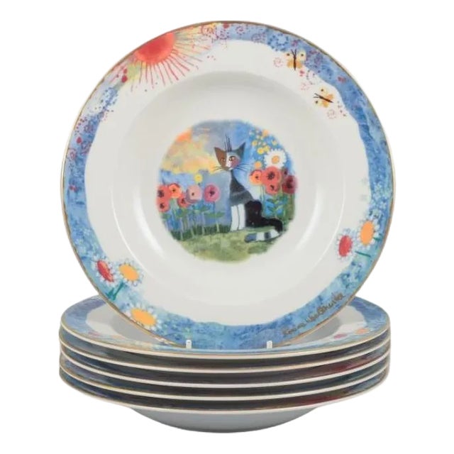 Soup Plates with Cat Motifs by Rosina Wachtmeister for Goebel, Germany, Set of 6 For Sale