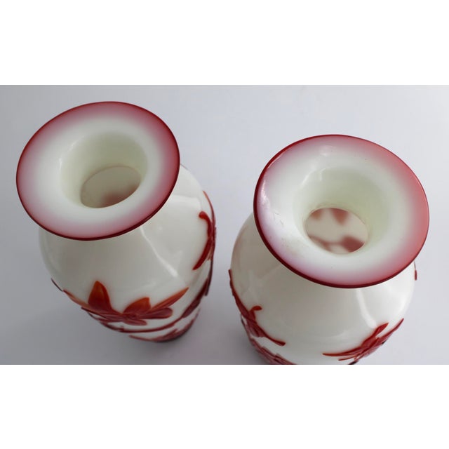 Antique Pair of Chinese Peking Glass Vases W/ Birds & Lotus Flowers, C1900, 10” For Sale - Image 9 of 14