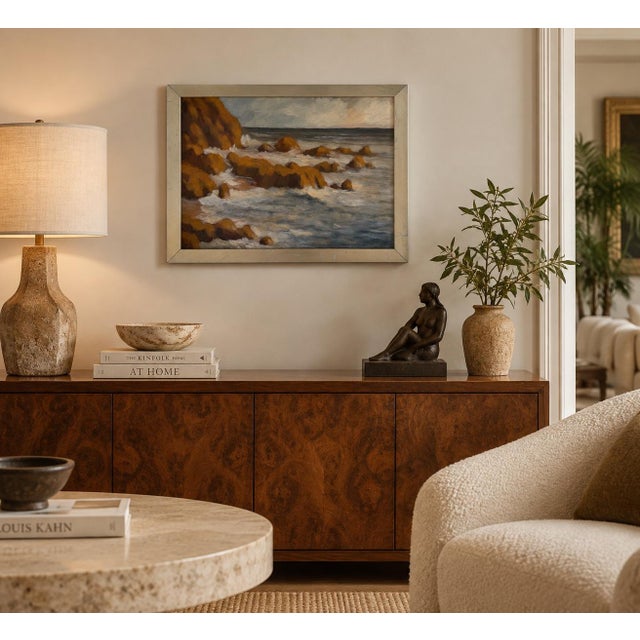 Beautiful modern oil painting on board depicting a dramatic rocky coastline with rolling ocean waves. The artist uses...