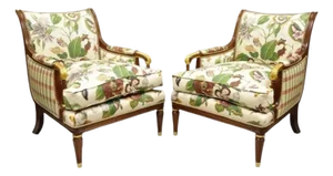 Vintage French Regency Style Floral Print Mahogany Bergere Lounge Chairs - Pair