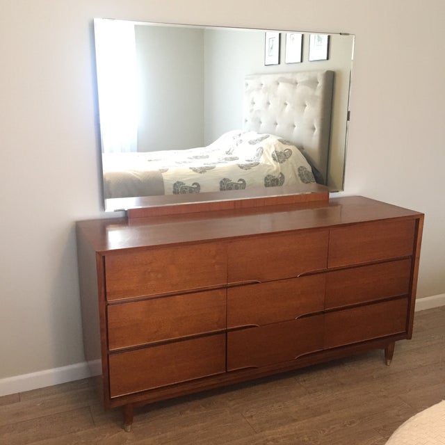 Vintage Mid Century Walnut 9 Drawer Dresser Mirror By Benck