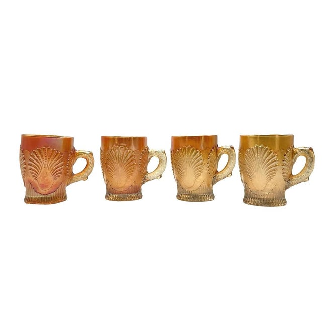 American 1910s Dugan Diamond Beaded Shell Carnival Marigold Glass Mugs W/ Handles - Set of 4 For Sale - Image 3 of 7