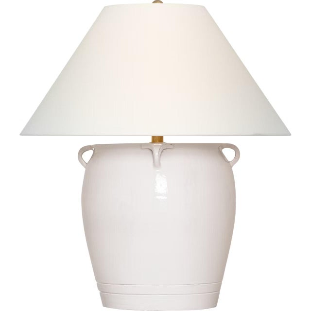 Transitional Chapman & Myers by Visual Comfort Signature Fasano 28" Table Lamp in Glossy White Crackle with Linen Shade For Sale - Image 3 of 3