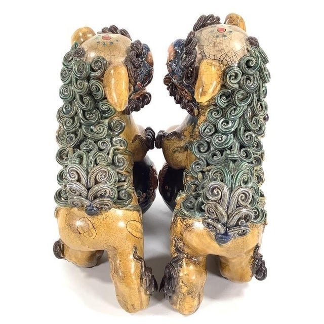 Pair of Mid-Century Chinese Ceramic Polychrome Foo Dog Figurine For Sale - Image 4 of 7
