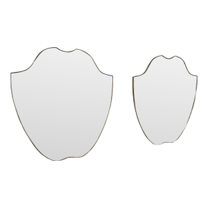 Pair of Italian Brass Framed Shield Form Wall Mirrors, 1950s