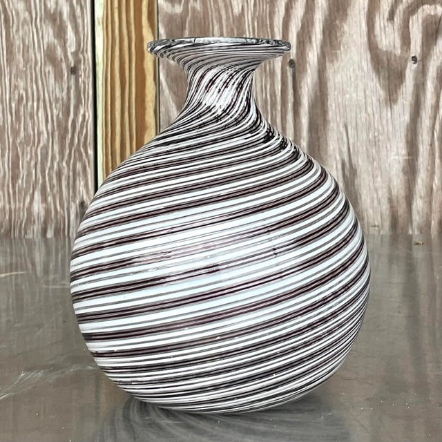 Vintage Signed Op Art Black & White Swirl Art Glass Vase For Sale - Image 4 of 13