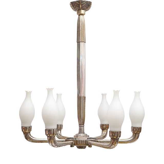 Art Deco Silver-Plated Brass Chandelier, 1920s For Sale