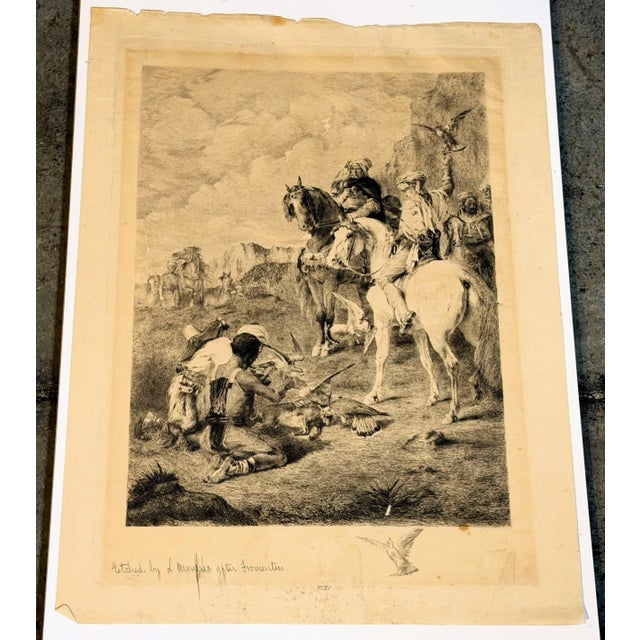 Antique Etching by French Artist Louis Monziès After Eugene Fromentin - Orientalist Falconry Equestrian For Sale - Image 9 of 17