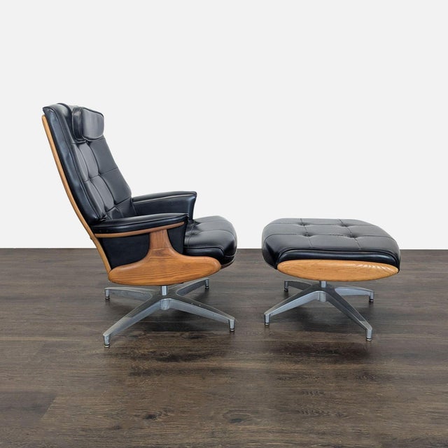 Mid-Century Modern Vintage Heywood-Wakefield Mid Century Modern Black Leather Lounge Chair & Ottoman For Sale - Image 3 of 18