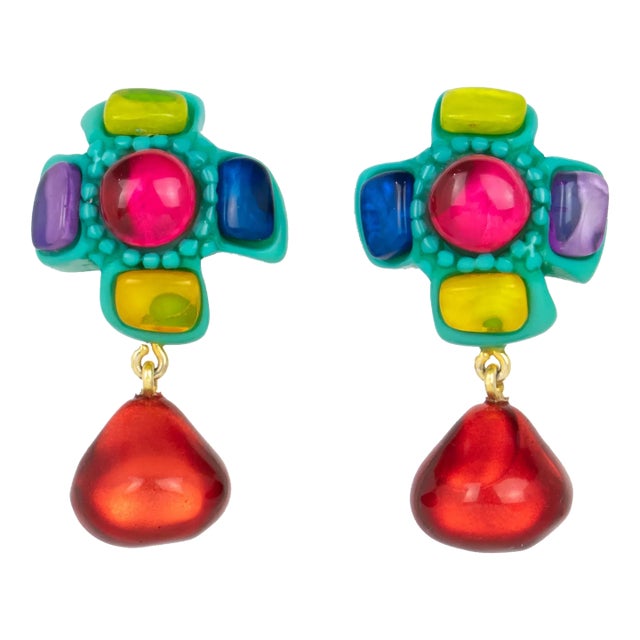 Dominique Denaive Turquoise and Multicolor Resin Clip Earrings - 2 Pieces For Sale