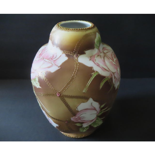 Antique Nippon Vase - Pink Roses & Gold Rope | Chairish