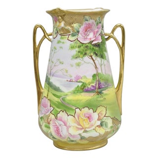 Antique Nippon Hand Painted Porcelain Twin Handle Vase W /Flowers & Lake Scene For Sale