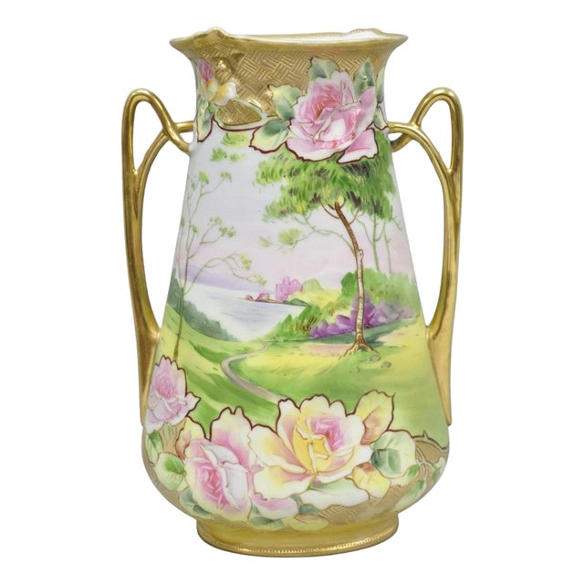Antique Nippon Hand Painted Porcelain Twin Handle Vase W /Flowers & Lake Scene For Sale
