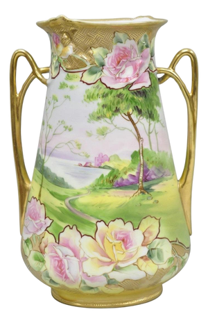 Antique Nippon Hand Painted Porcelain Twin Handle Vase W /Flowers & Lake Scene