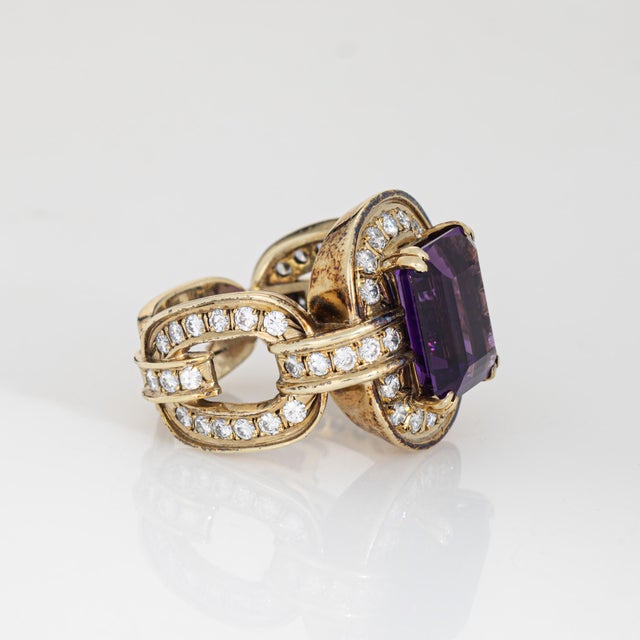 80s Vintage Amethyst Diamond Link Ring Sz 6.75 Wide Band 14k Yellow Gold Jewelry For Sale - Image 4 of 7