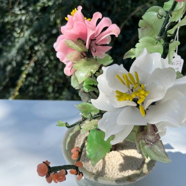 Peony and bud bonsai tree in a beautiful celadon bowl. Description Vintage Jade cache pot with a trunk of a tree with a...