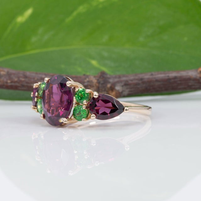 Metal 4.4Ct Purple Garnet Ring With Tsavorite Accents in Solid 14k Gold, 10x7.6mm For Sale - Image 7 of 9