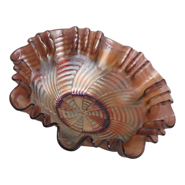 Fenton Carnival Glass Amethyst Ribbon Tie Iridescent Crimped Candy Bowl For Sale