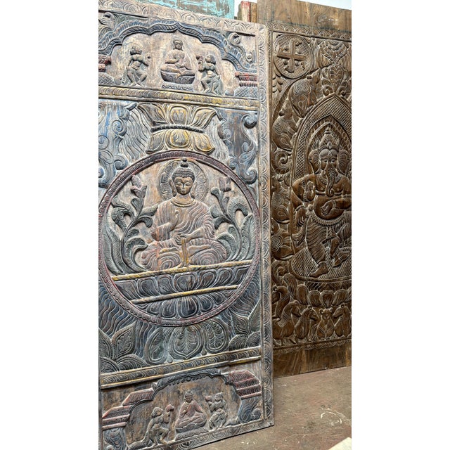 Wood Antique Moonlight Carved Buddha Door Panel Seated Buddha on Lotus Wood Wall Art Meditation 83x36 For Sale - Image 7 of 9