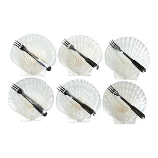 1970s Seashell Appetizer Plates & Forks – Coastal Set of 6 For Sale