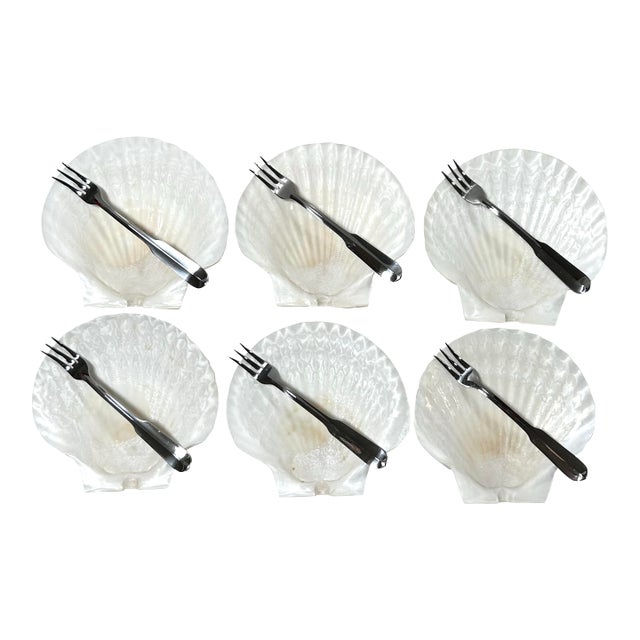 1970s Seashell Appetizer Plates & Forks – Coastal Set of 6 For Sale