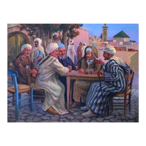 Men Talking at a table, Jalal Gharbi Oil on Canvas Painting