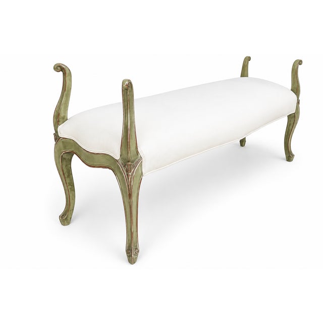 This is a 1950s Venetian painted green and silver gilt bench. It is a wonderful transitional piece that can work from the...