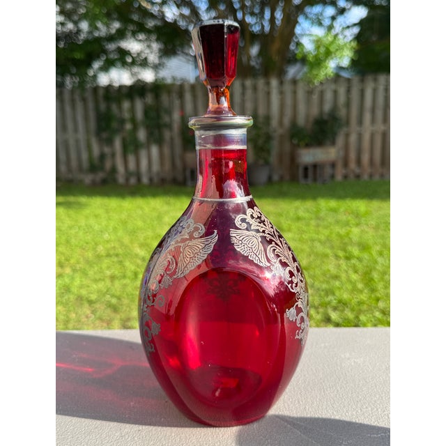 1930s Bohemian 10" Ruby Red Decanter Victorian Sterling Silver Overlay For Sale - Image 10 of 11