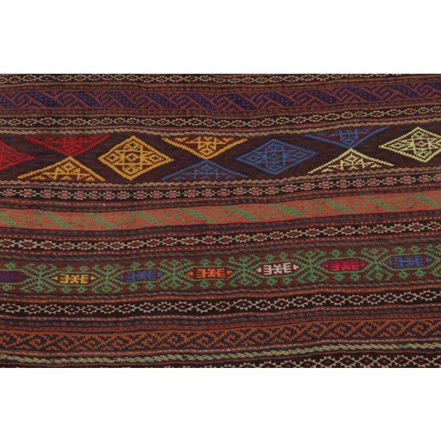 1950s Vintage Persian Soumak Kilim, Vibrant Diamonds on Rich Brown Tones - Rug & Kilim For Sale - Image 5 of 7