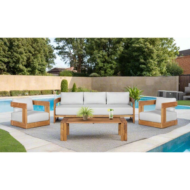 2020s Paradiso Outdoor Solid Teak Wood Sofa Set - Light Gray Fabric For Sale - Image 5 of 11