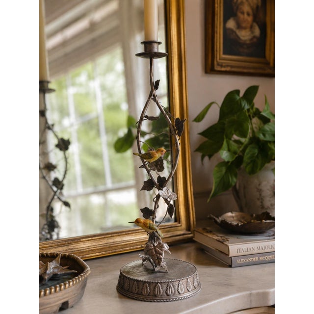 Exceptional vintage pair of San Pacific International (SPI) sculptural hummingbird candle holders, featuring colorful...