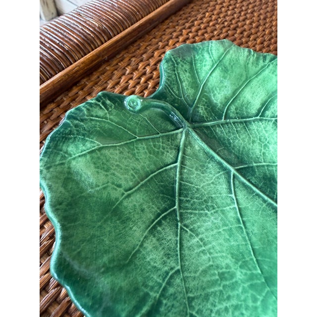 A beautiful and increasingly hard-to-find set of eight Vietri Foglia Fresca majolica leaf plates, hand-painted in Italy...