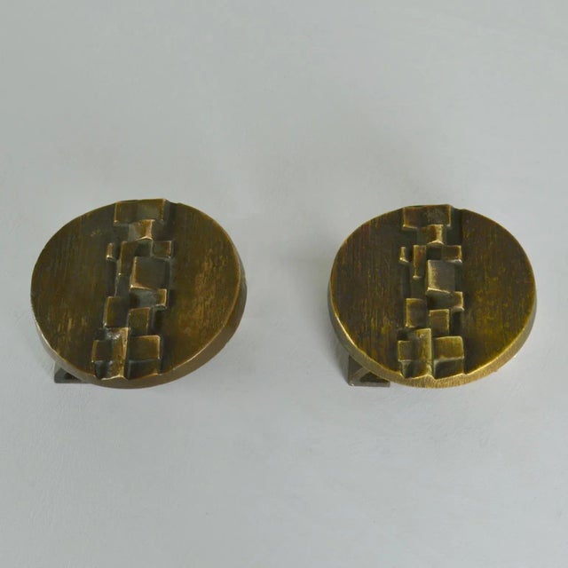 Bronze Round Push and Pull Door Handles with Geometric Relief, Set of 2 For Sale - Image 12 of 13