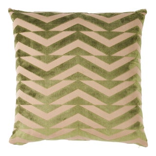 Schumacher x Miles Redd Broken Chevron Cut Velvet 20" Pillow in Olive on Khaki For Sale
